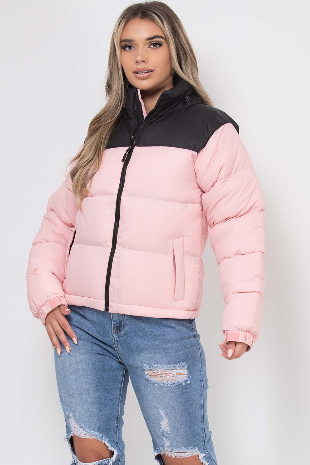 Puffer Jacket Pink And Black Colour Block