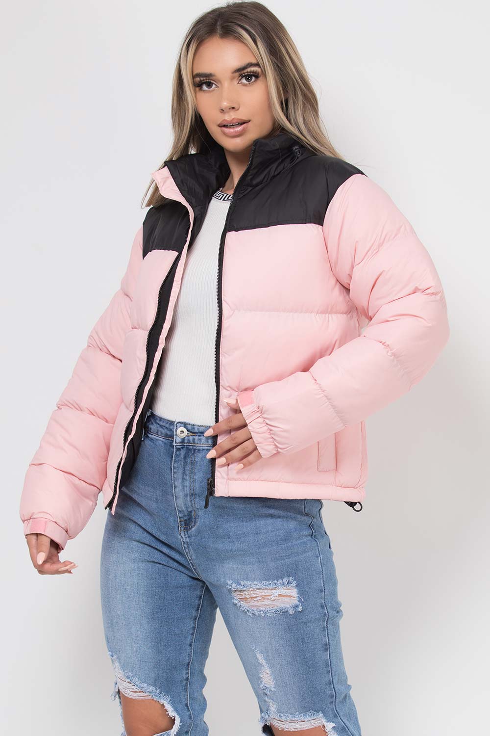 Puffer Jacket Pink And Black Colour Block