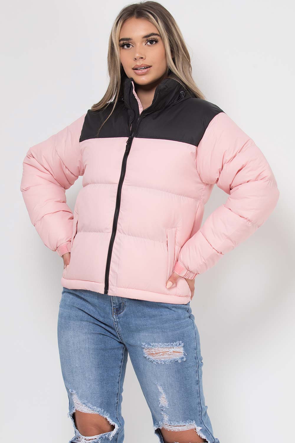 Puffer Jacket Pink And Black Colour Block