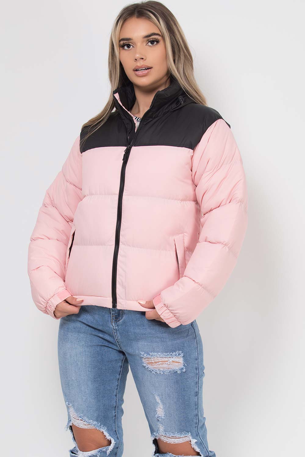 Puffer Jacket Pink And Black Colour Block