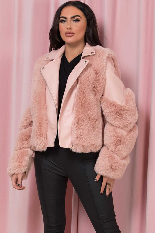 Faux Leather Aviator Jacket With Faux Fur Pink