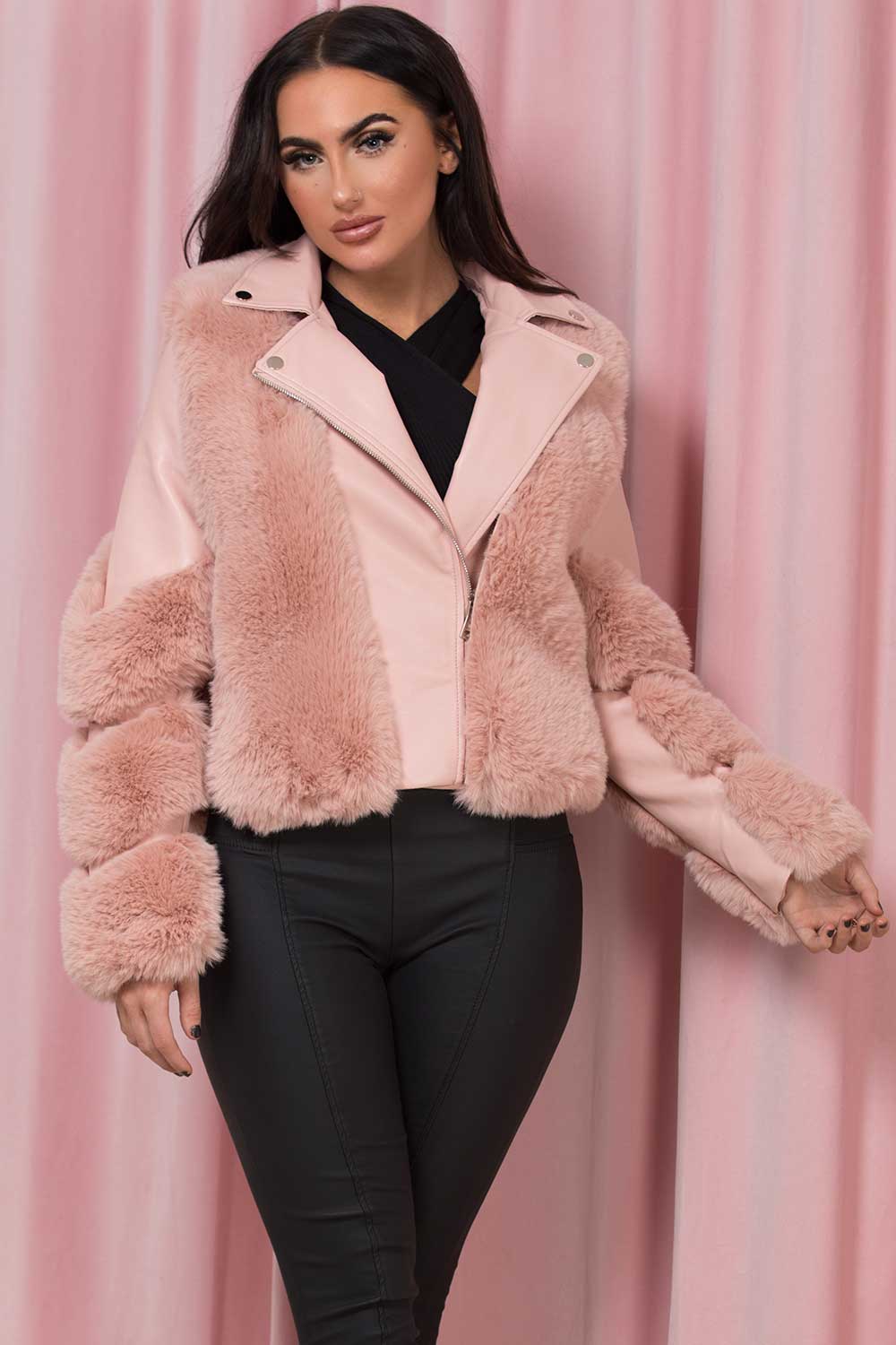 Faux Leather Aviator Jacket With Faux Fur Pink