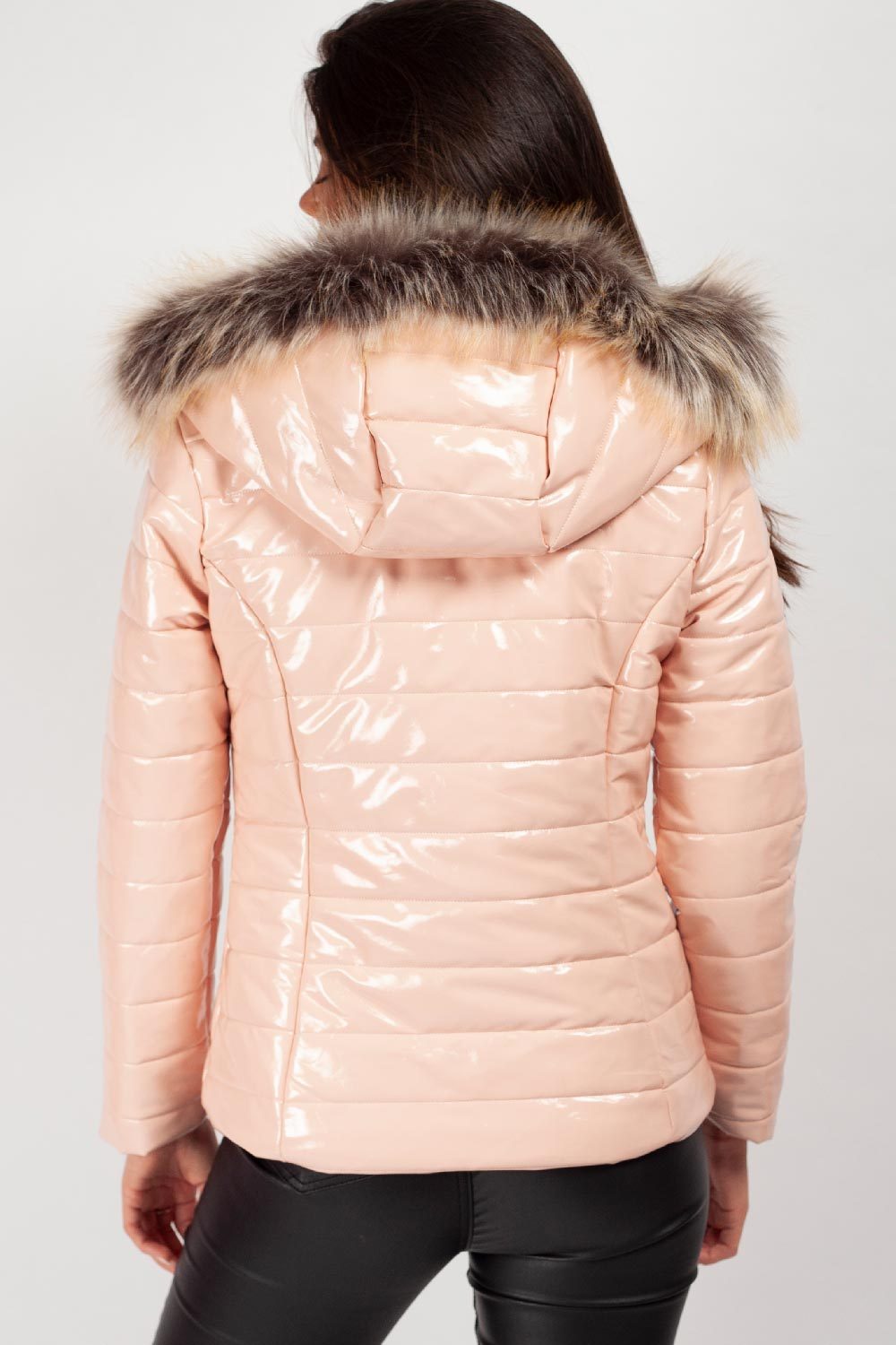 Wet Look Puffer Coat With Faux Fur Hood