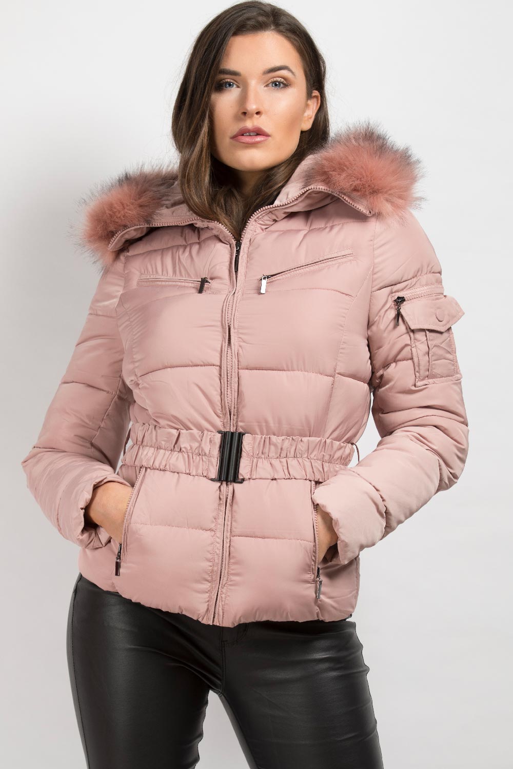 Pink Faux Fur Hooded Puffer Coat With Belt