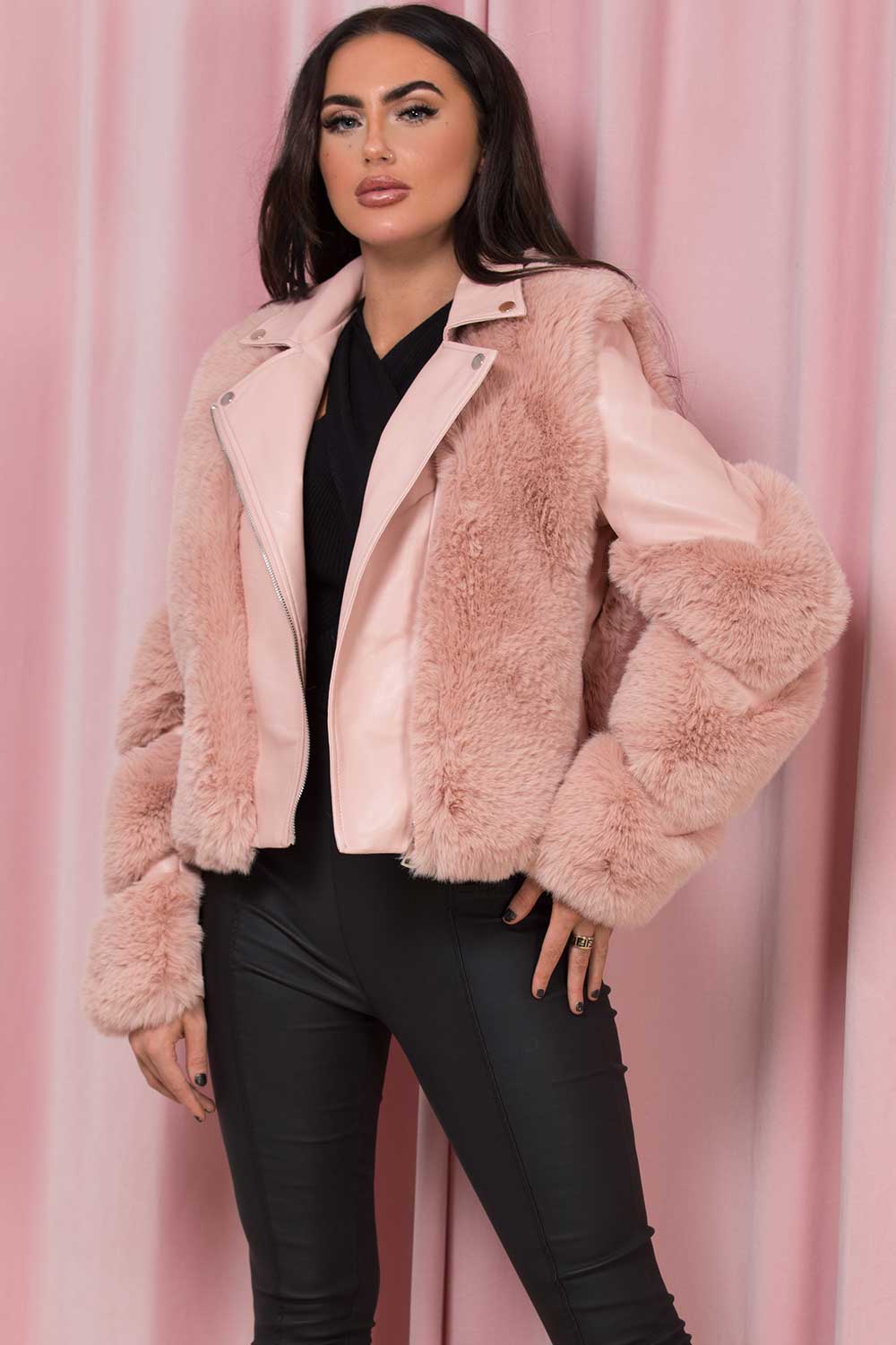 Faux Leather Aviator Jacket With Faux Fur Pink