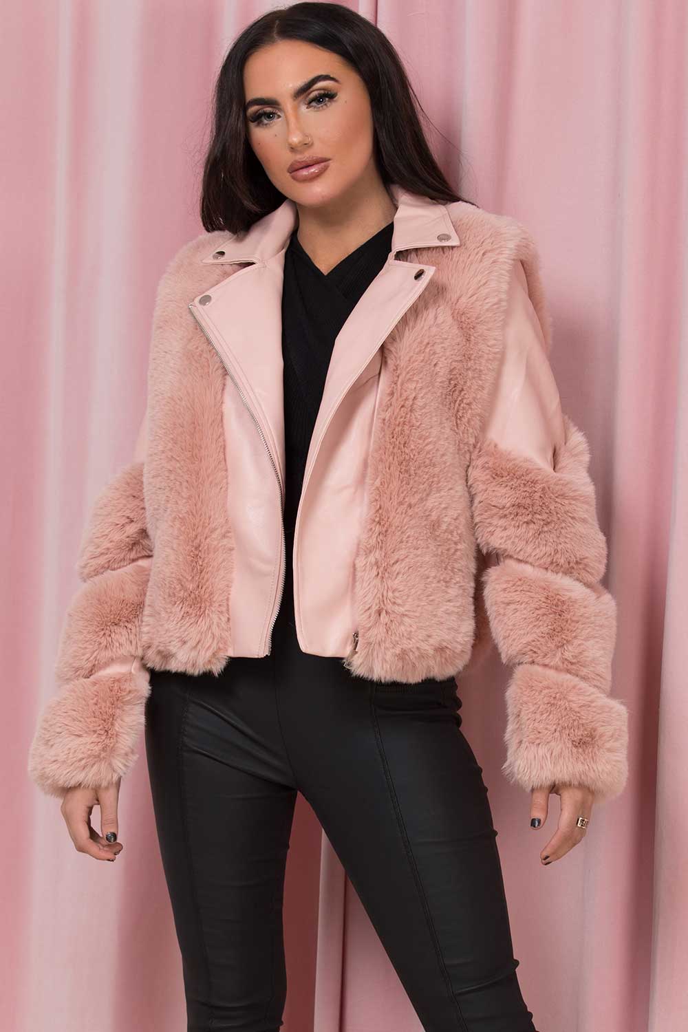 Faux Leather Aviator Jacket With Faux Fur Pink