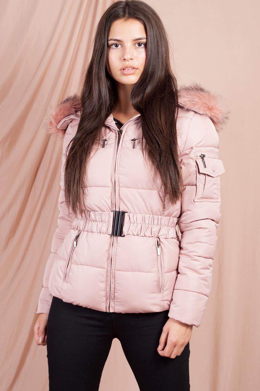 Pink Faux Fur Hooded Puffer Coat With Belt