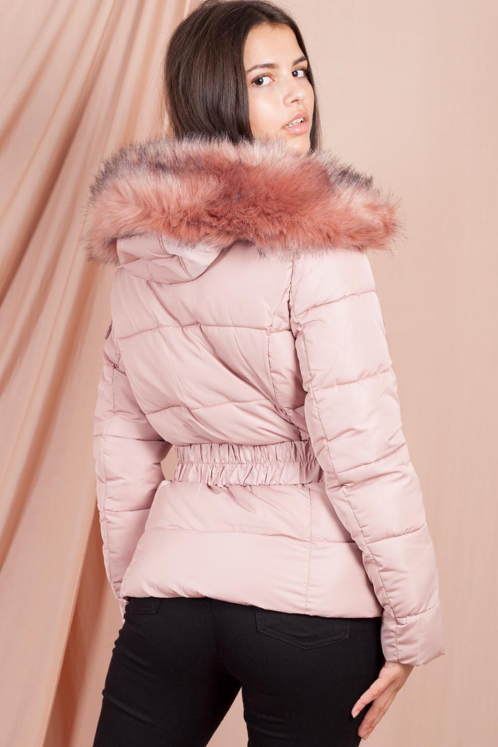 Pink Faux Fur Hooded Puffer Coat With Belt