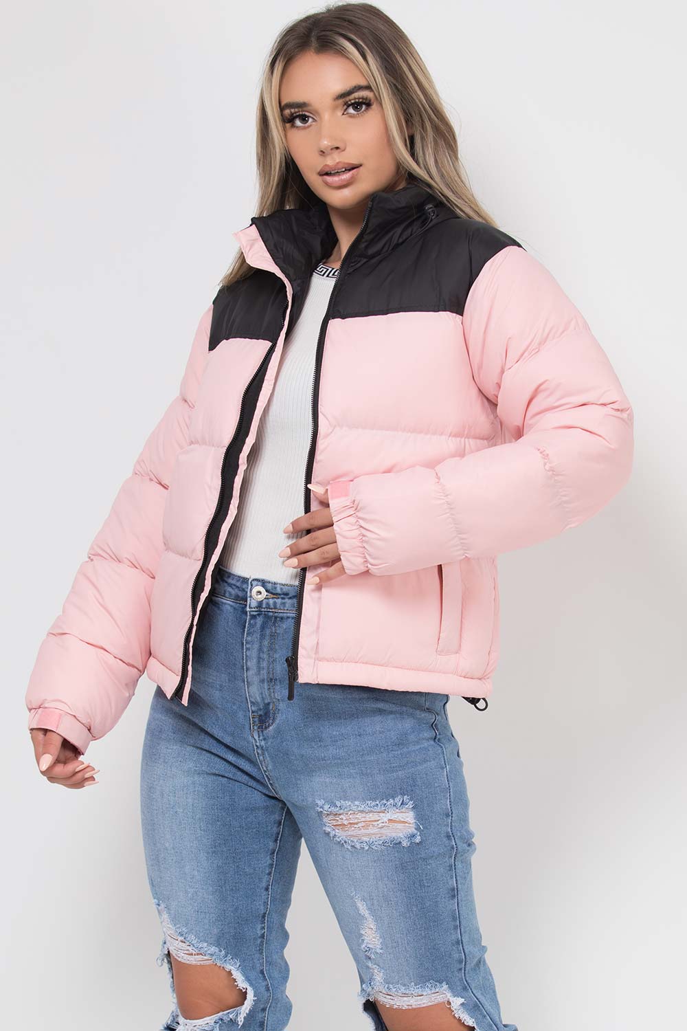 Puffer Jacket Pink And Black Colour Block