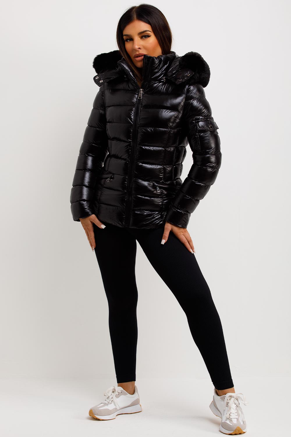 Black Shiny Puffer Jacket With Fur Hood