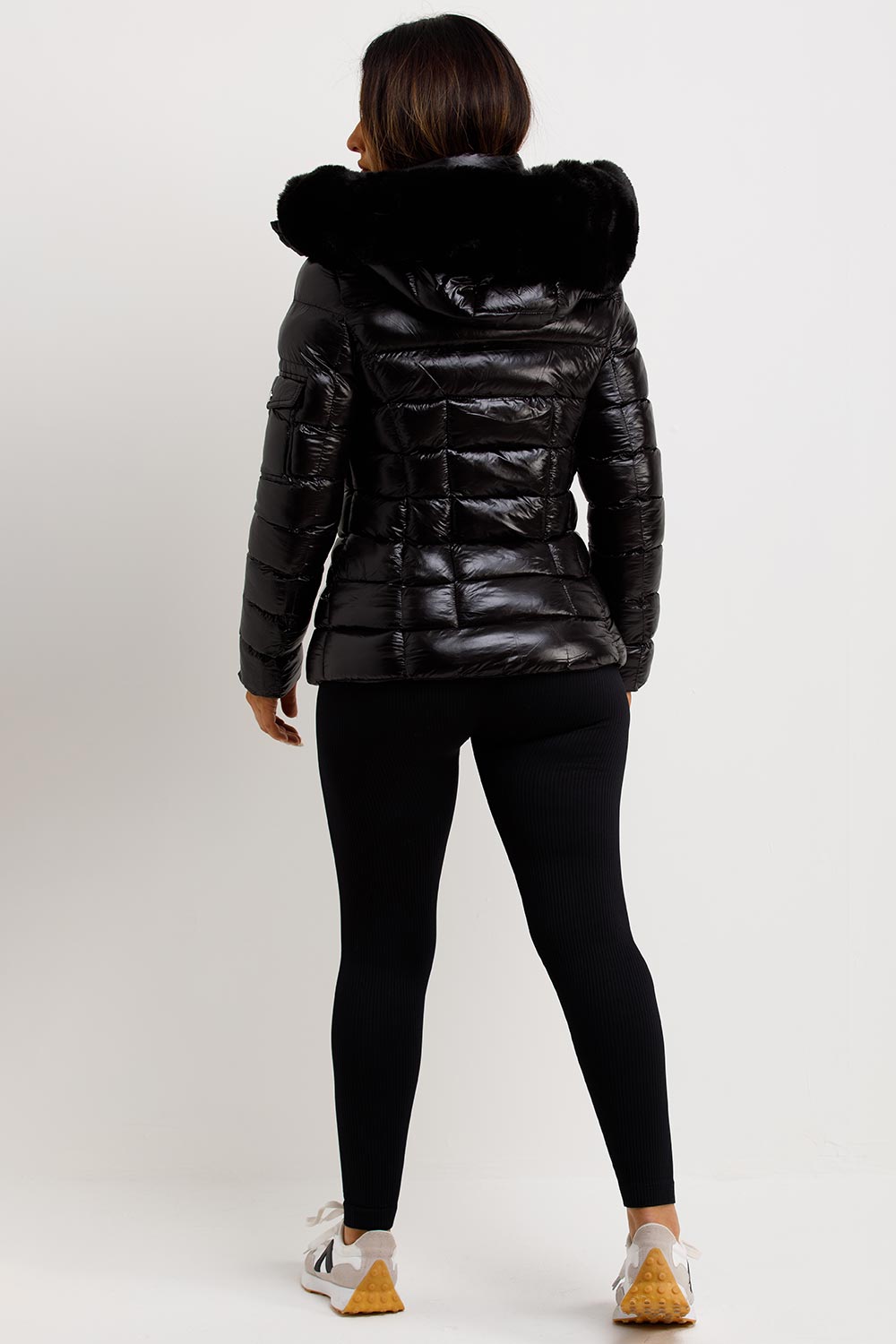 Black Shiny Puffer Jacket With Fur Hood