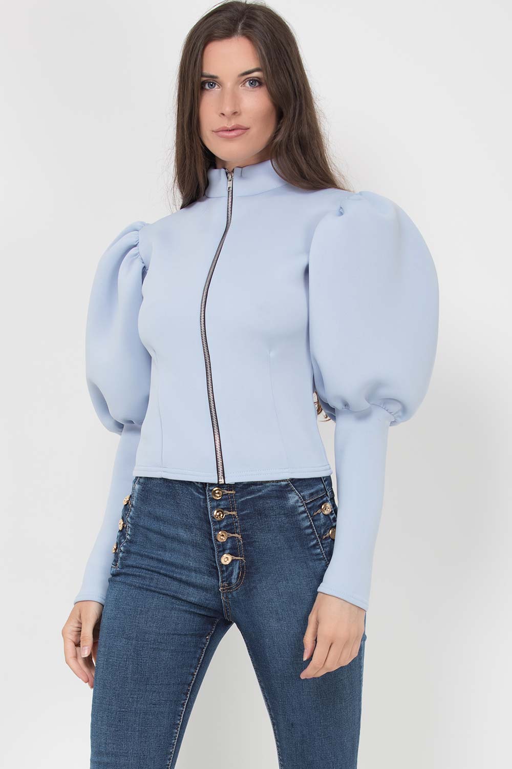 Puff Sleeve Zip Up Jacket Sky Blue