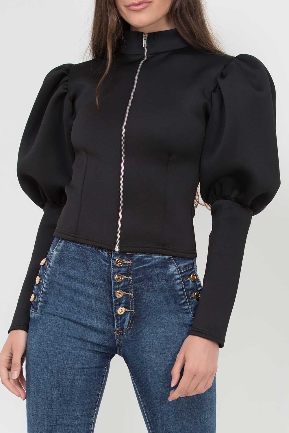 Puff Sleeve Zip Up Jacket Black