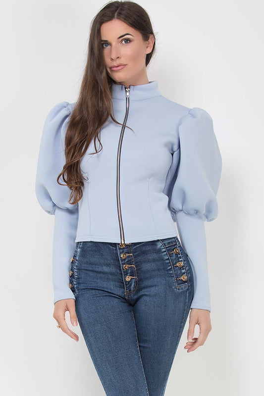 Puff Sleeve Zip Up Jacket Sky Blue