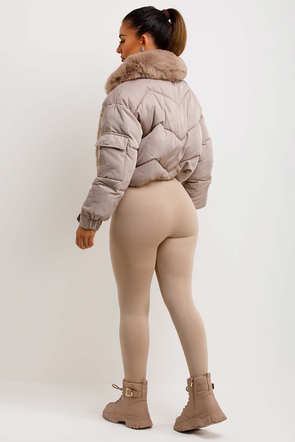 Puffer Jacket With Fur Trim Beige