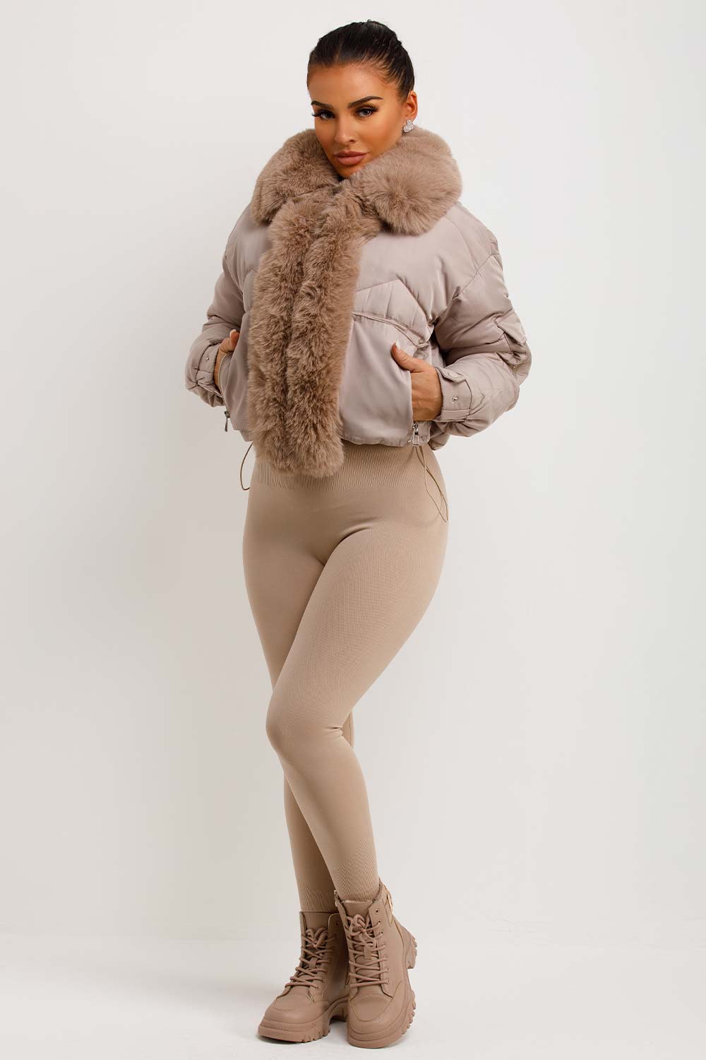 Puffer Jacket With Fur Trim Beige