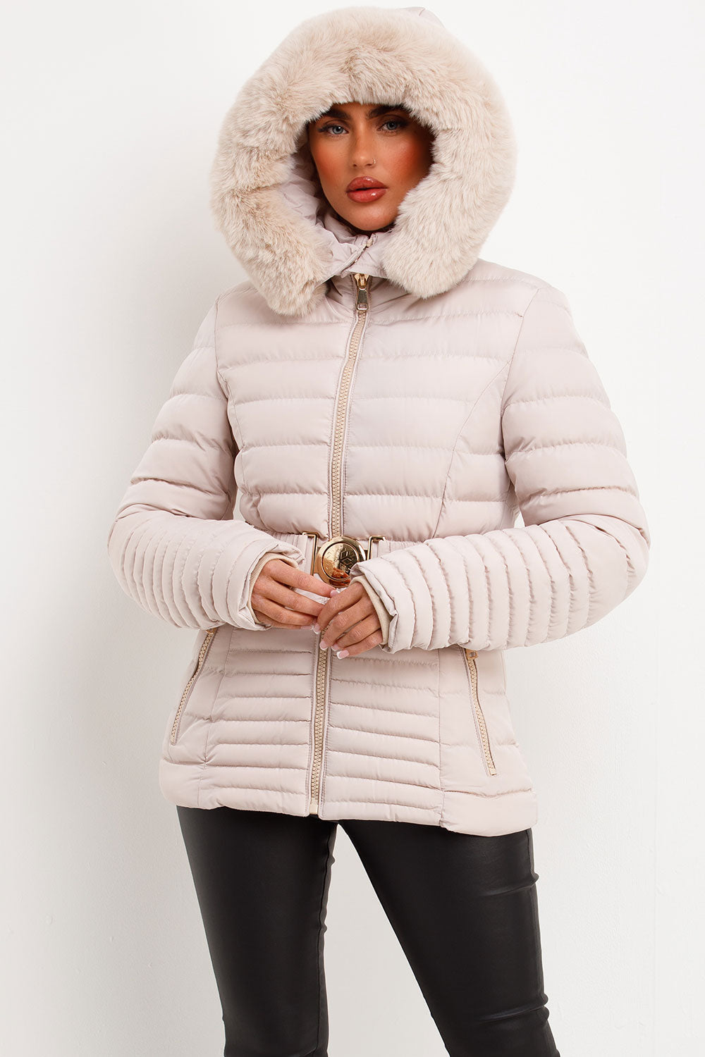 Puffer Jacket With Faux Fur Hood And Gold Belt Beige