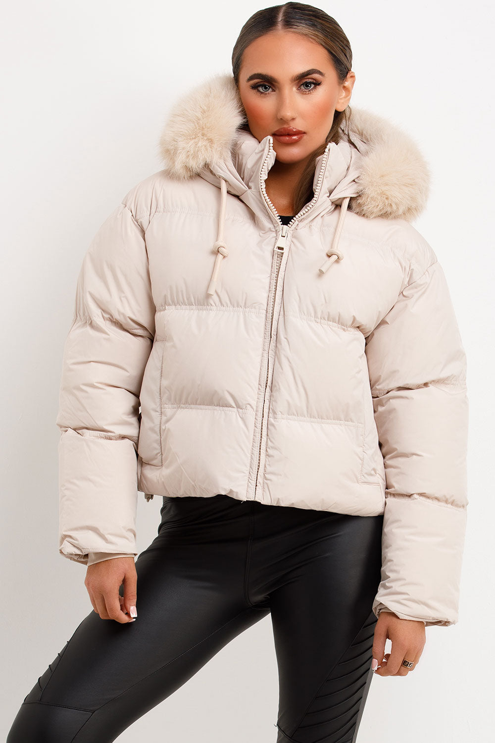 Puffer Jacket With Faux Fur Hood Beige