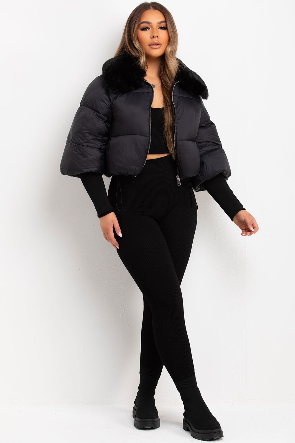 Faux Fur Collar Puffer Jacket Black