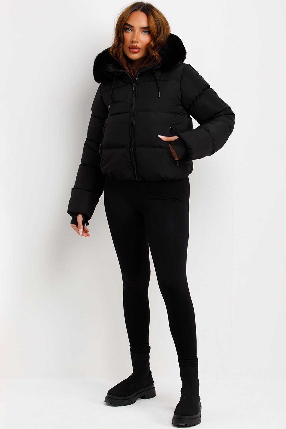 Black Puffer Jacket With Fur Hood