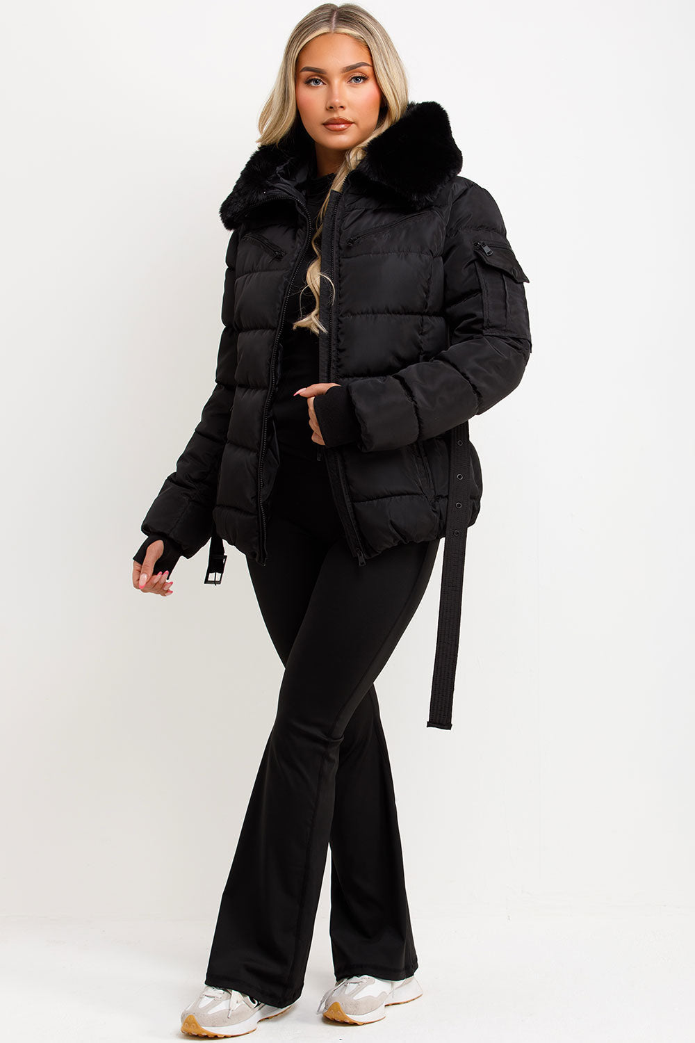 Black Faux Fur Hood Jacket With Belt