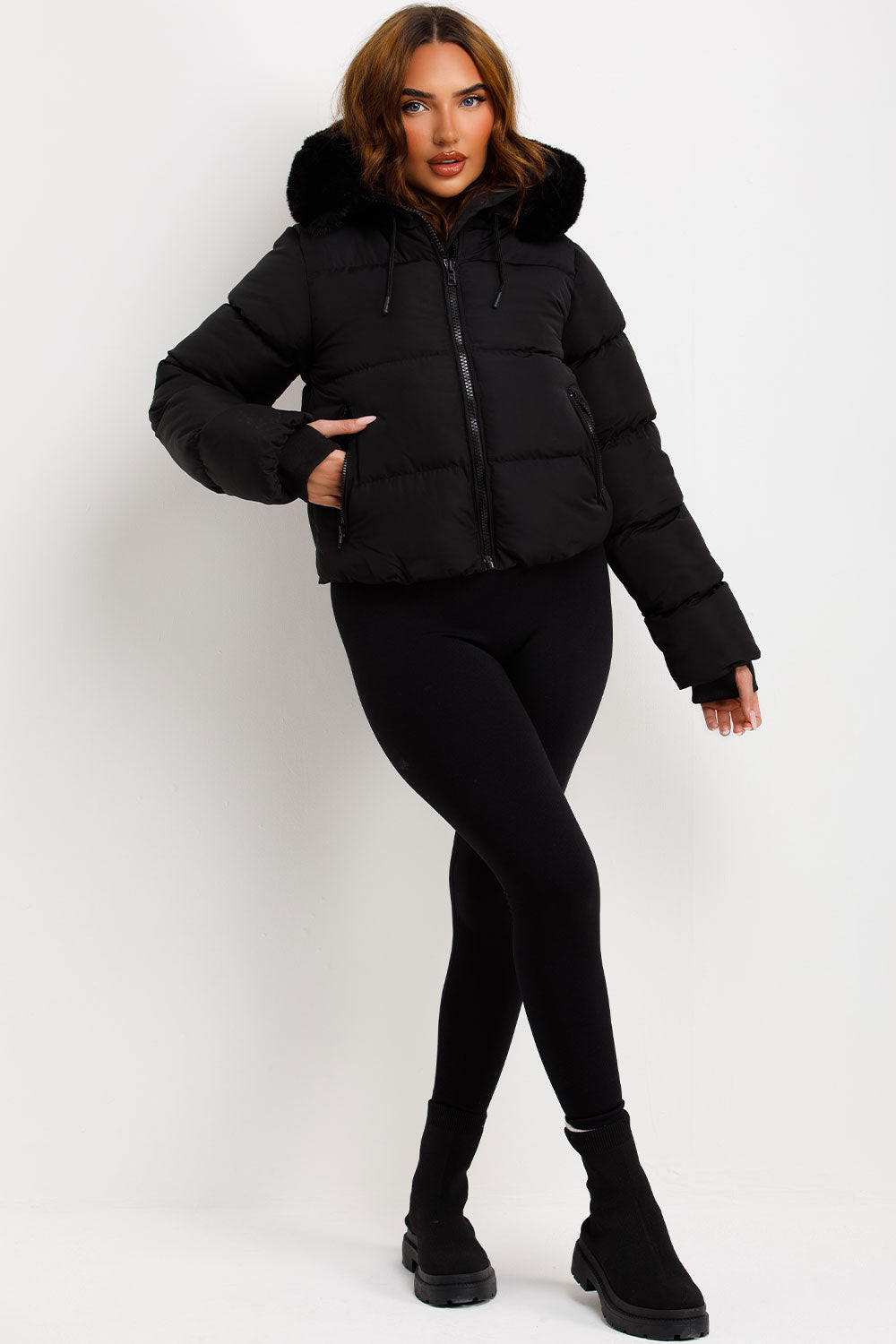 Black Puffer Jacket With Fur Hood