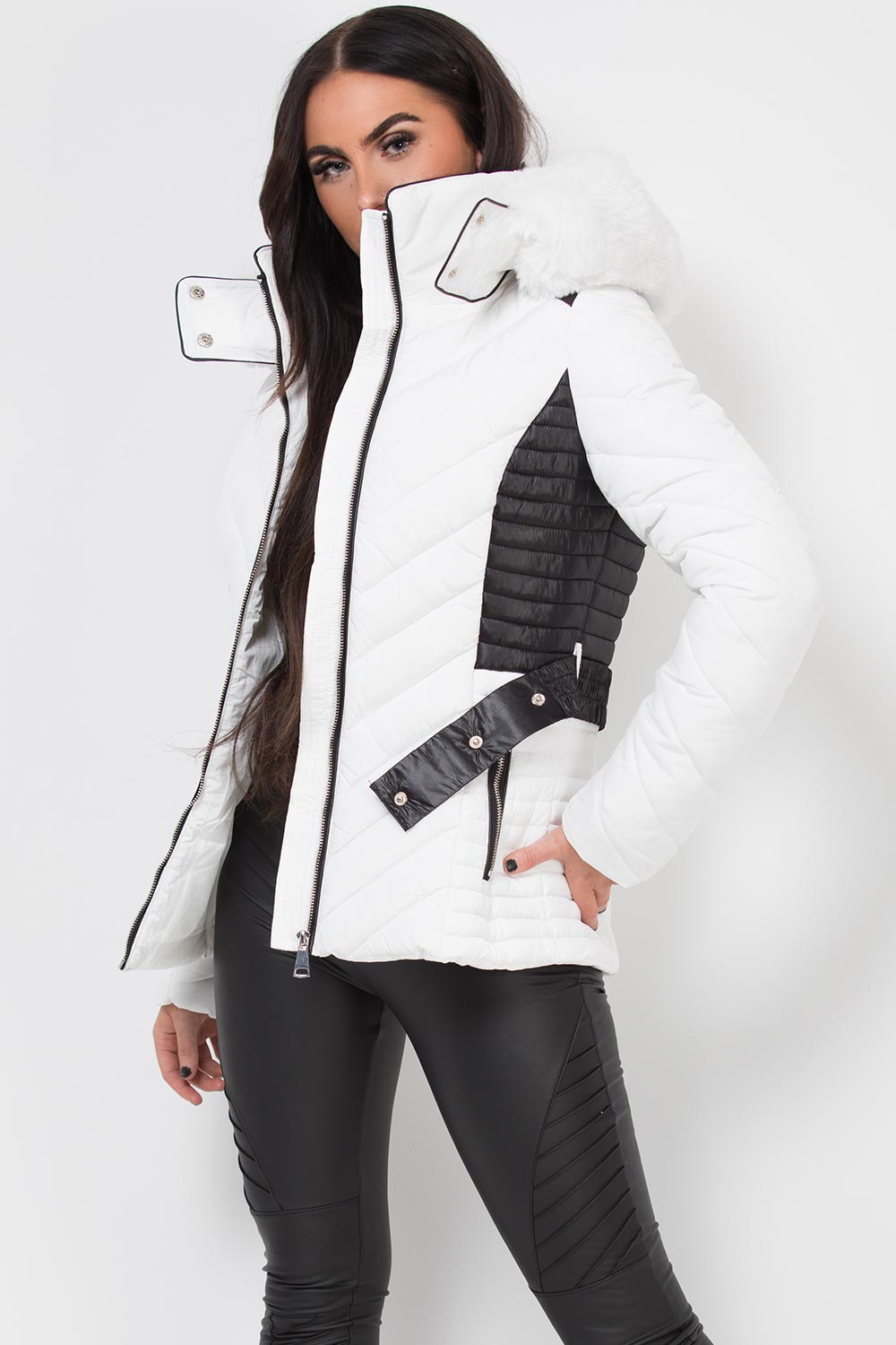 Puffer Quilted Jacket With Faux Fur Hood Belted White