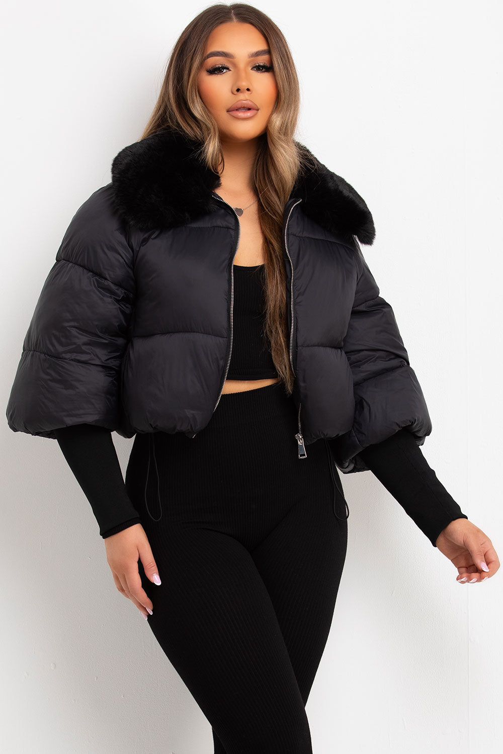 Faux Fur Collar Puffer Jacket Black