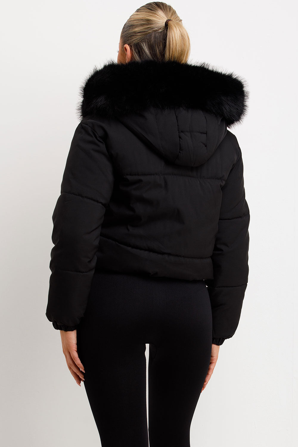 Bomber Jacket With Fur Hood And Trim Black