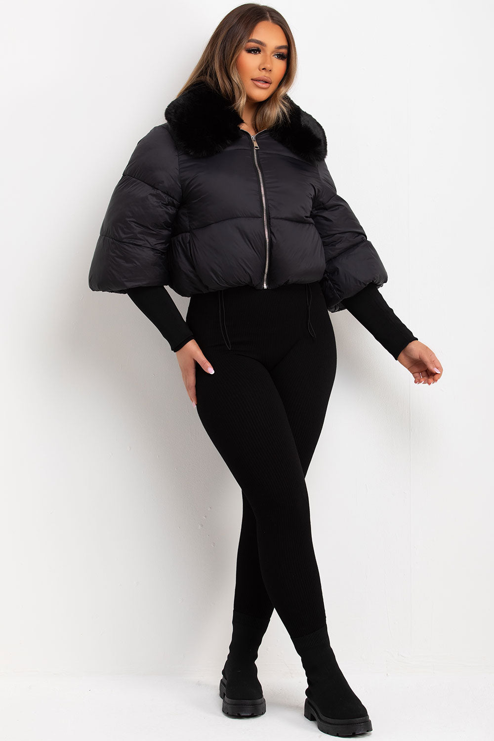 Faux Fur Collar Puffer Jacket Black