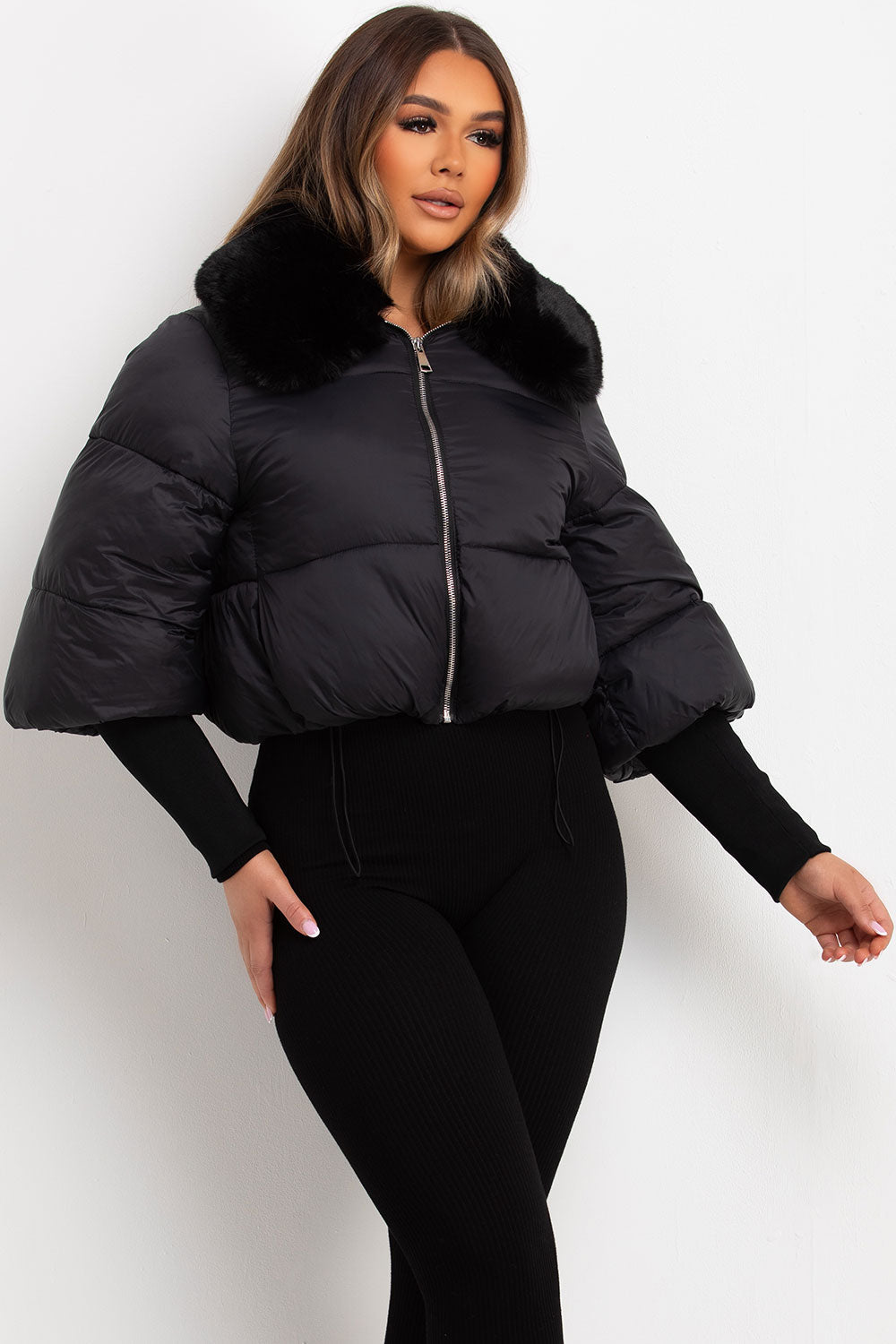 Faux Fur Collar Puffer Jacket Black