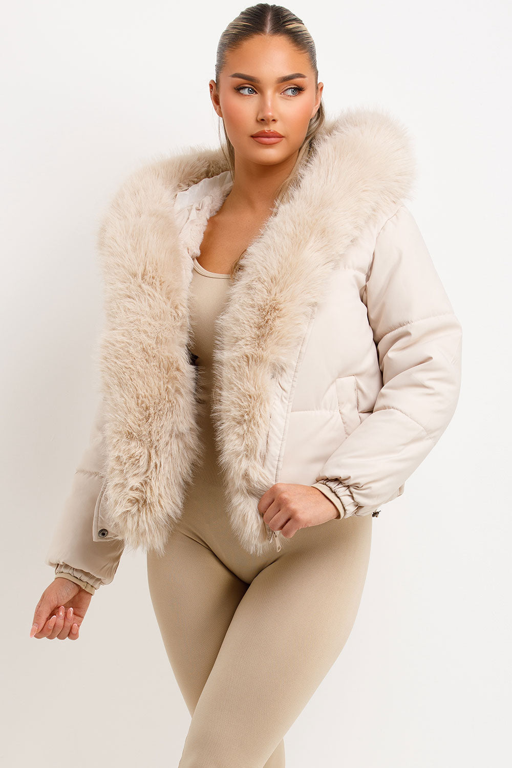 Bomber Jacket With Fur Hood And Trim Beige