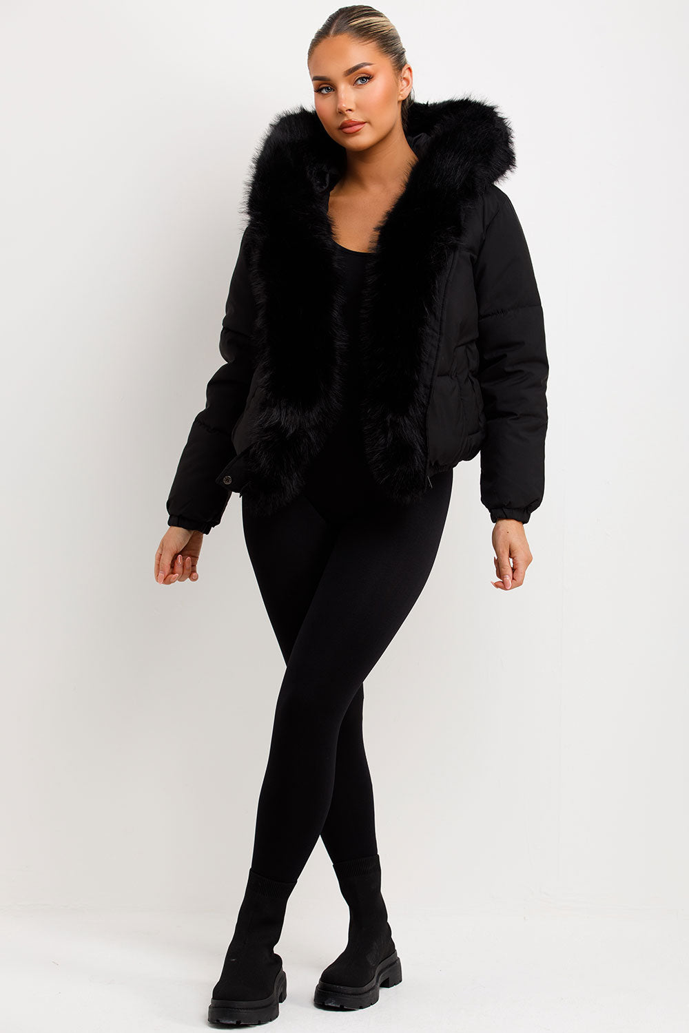 Bomber Jacket With Fur Hood And Trim Black