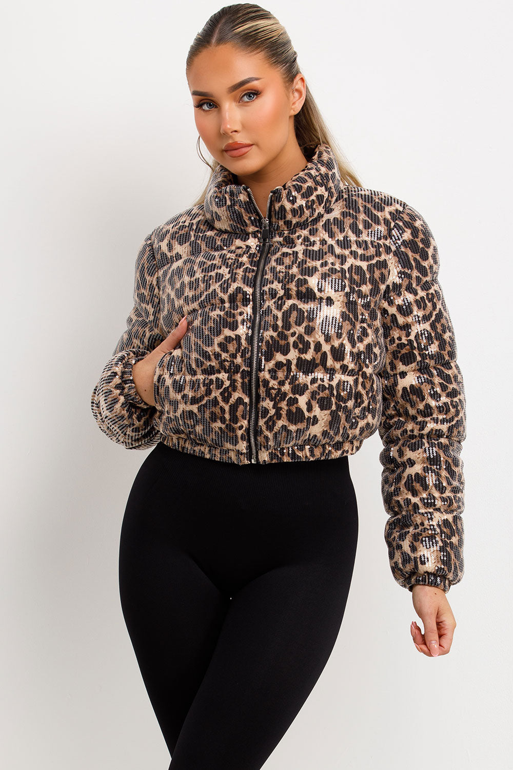 Leopard Print Crop Puffer Jacket Sequin Detail