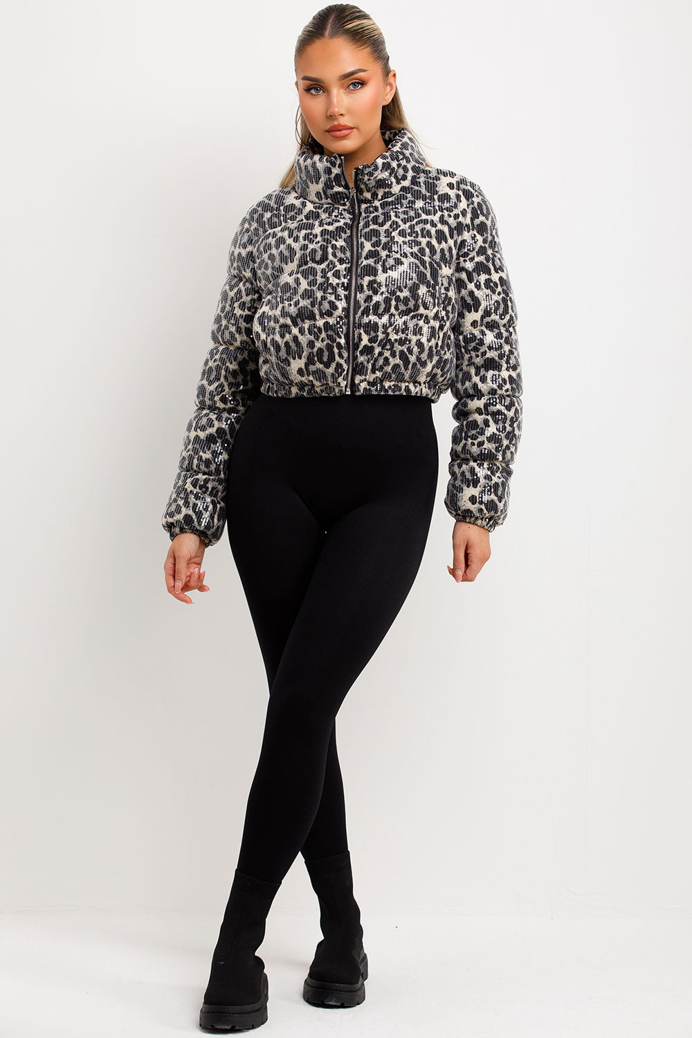 White Leopard Print Crop Puffer Jacket Sequin Detail