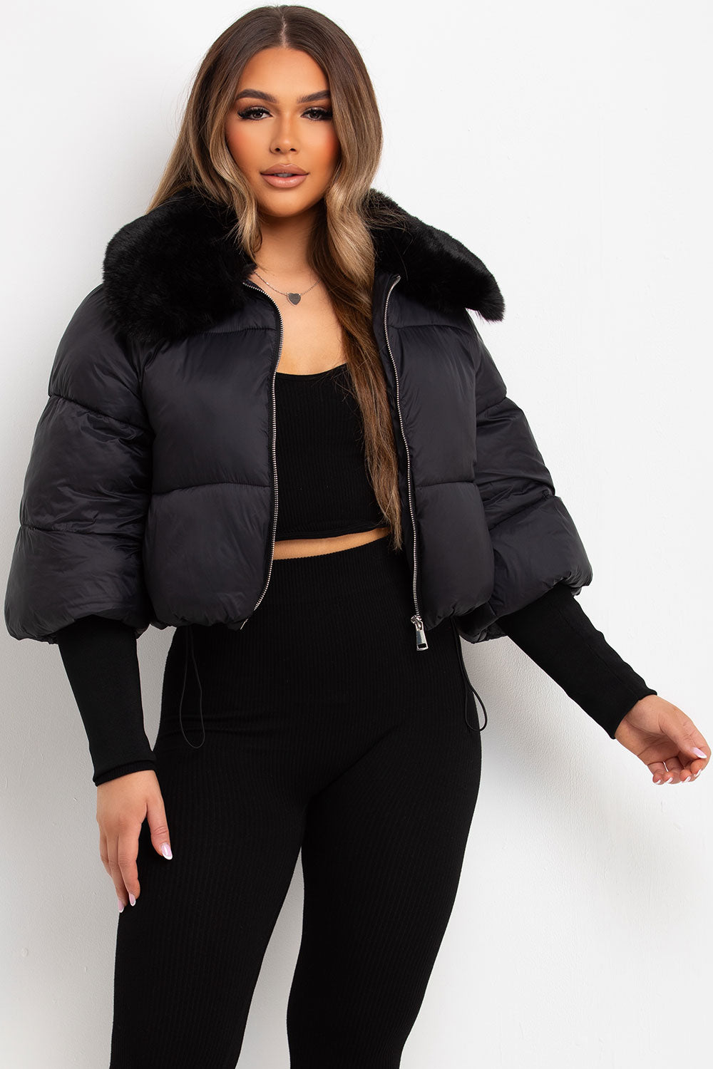 Faux Fur Collar Puffer Jacket Black