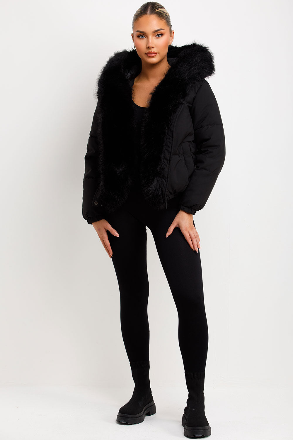 Bomber Jacket With Fur Hood And Trim Black