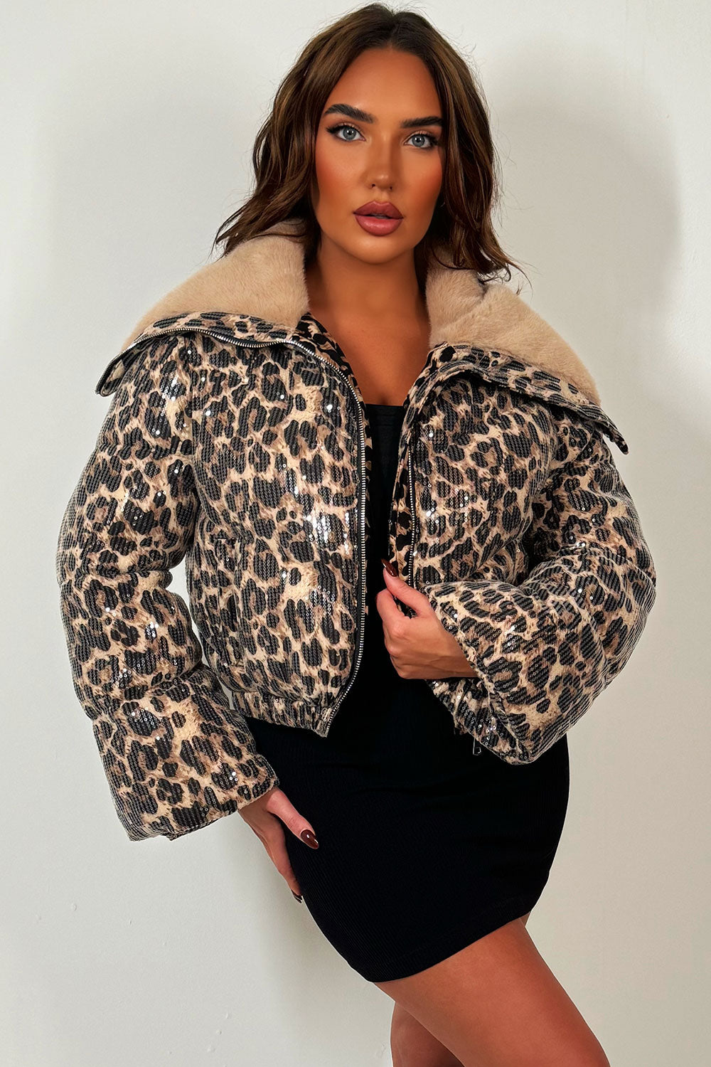 Faux Fur Collar Leopard Print Puffer Jacket With Sequin Detail