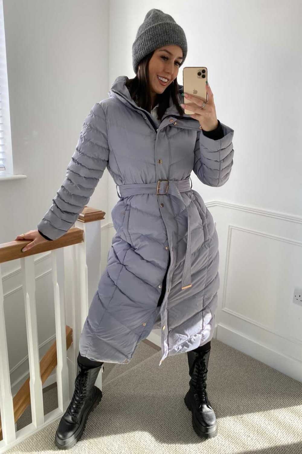 Long Puffer Down Coat With Belt Grey