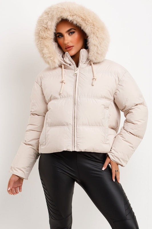 Puffer Jacket With Faux Fur Hood Beige