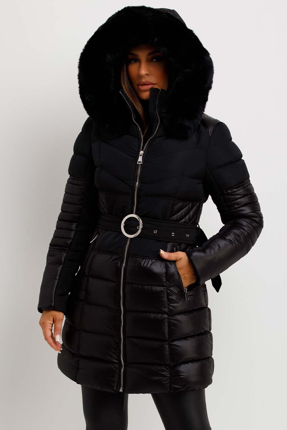 Puffer Coat With Fur Hood And Belt Black