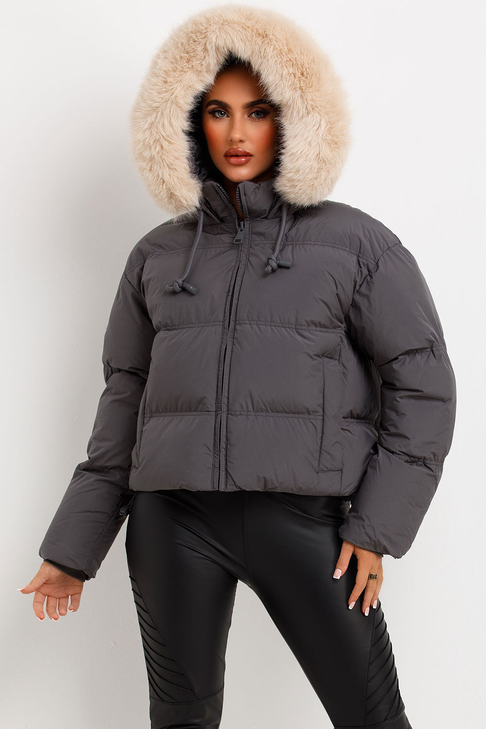 Grey Puffer Jacket With Faux Fur Hood