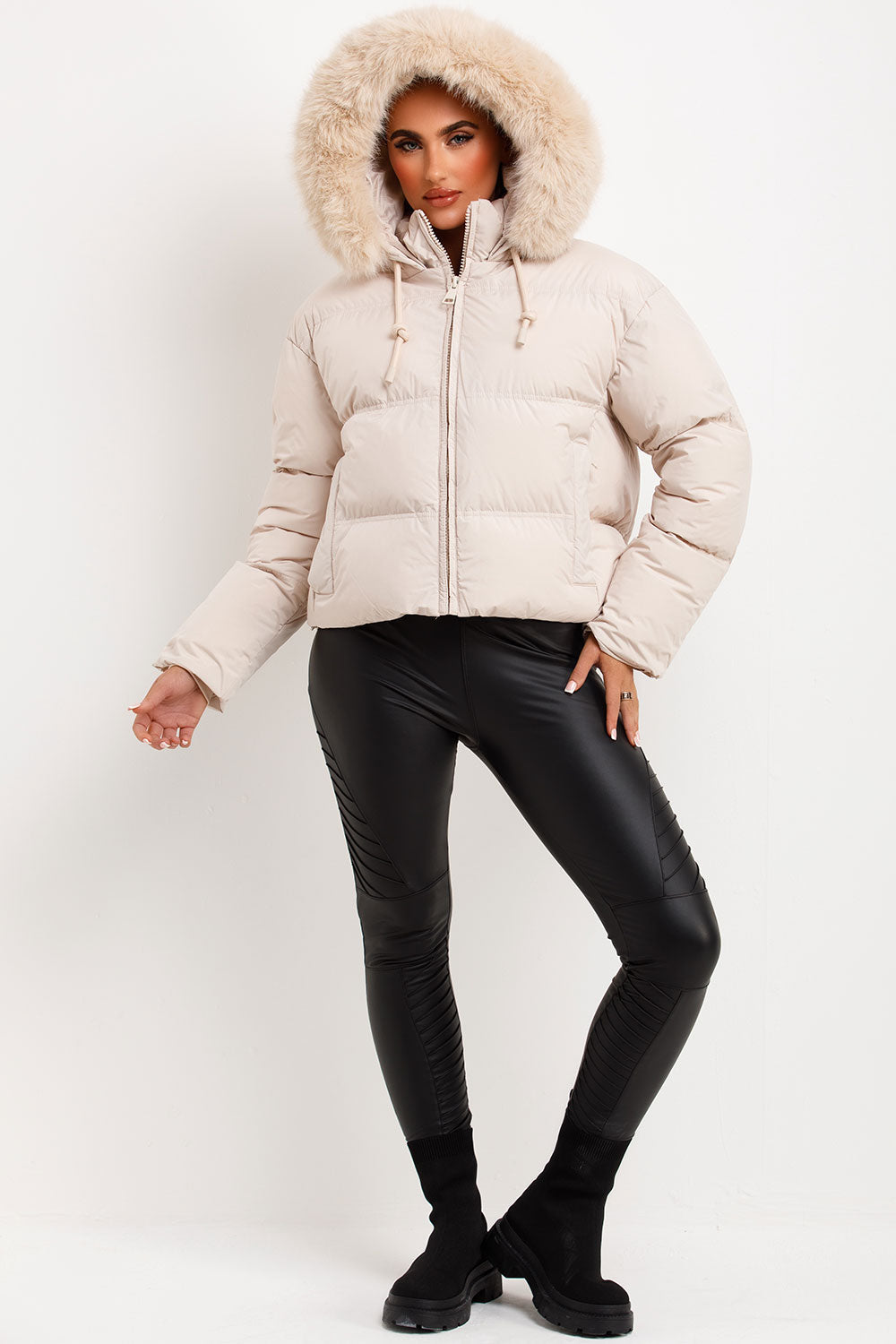 Puffer Jacket With Faux Fur Hood Beige