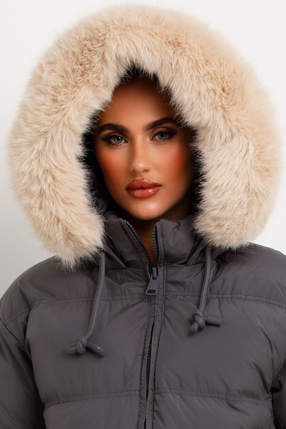 Grey Puffer Jacket With Faux Fur Hood