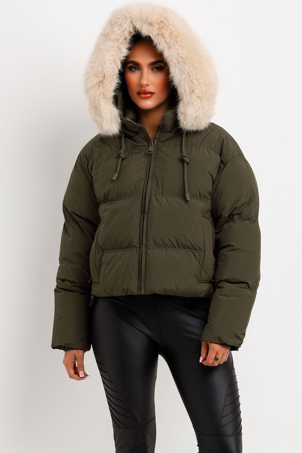 Puffer Jacket With Faux Fur Hood Khaki