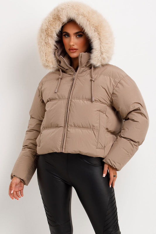 Puffer Jacket With Faux Fur Hood Stone