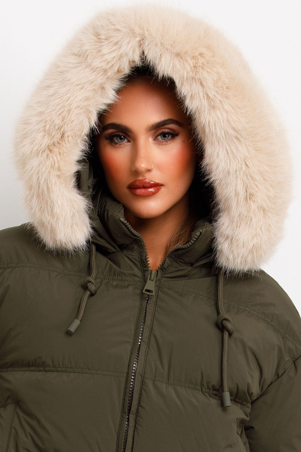 Puffer Jacket With Faux Fur Hood Khaki