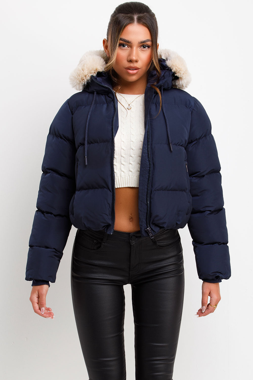 Puffer Jacket With Fur Hood Navy