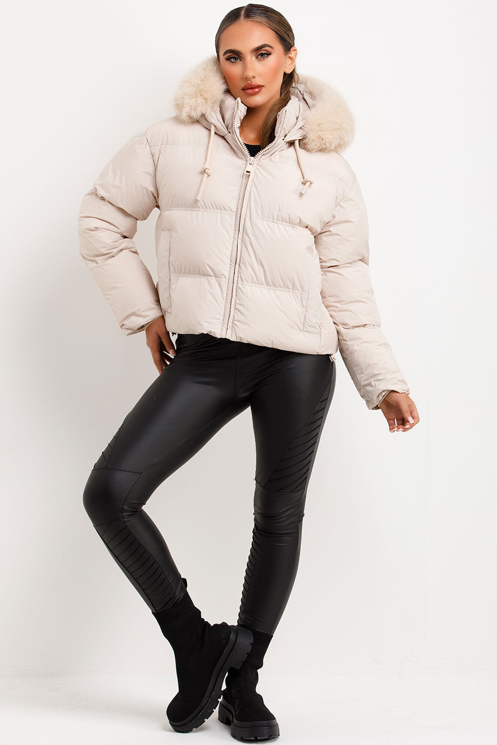 Puffer Jacket With Faux Fur Hood Beige