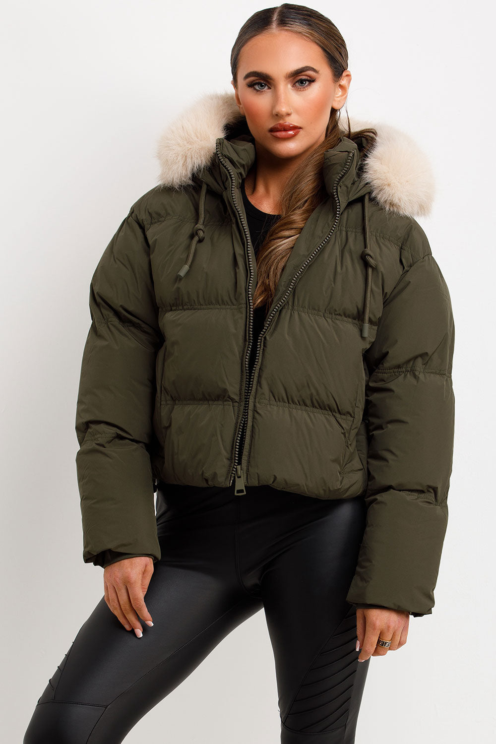 Puffer Jacket With Faux Fur Hood Khaki